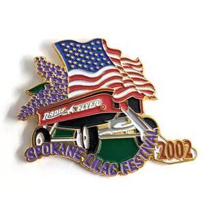 2002 Spokane Lilac Festival WA Radio Flyer Little Red Wagon US Flag Pin Souvenir
